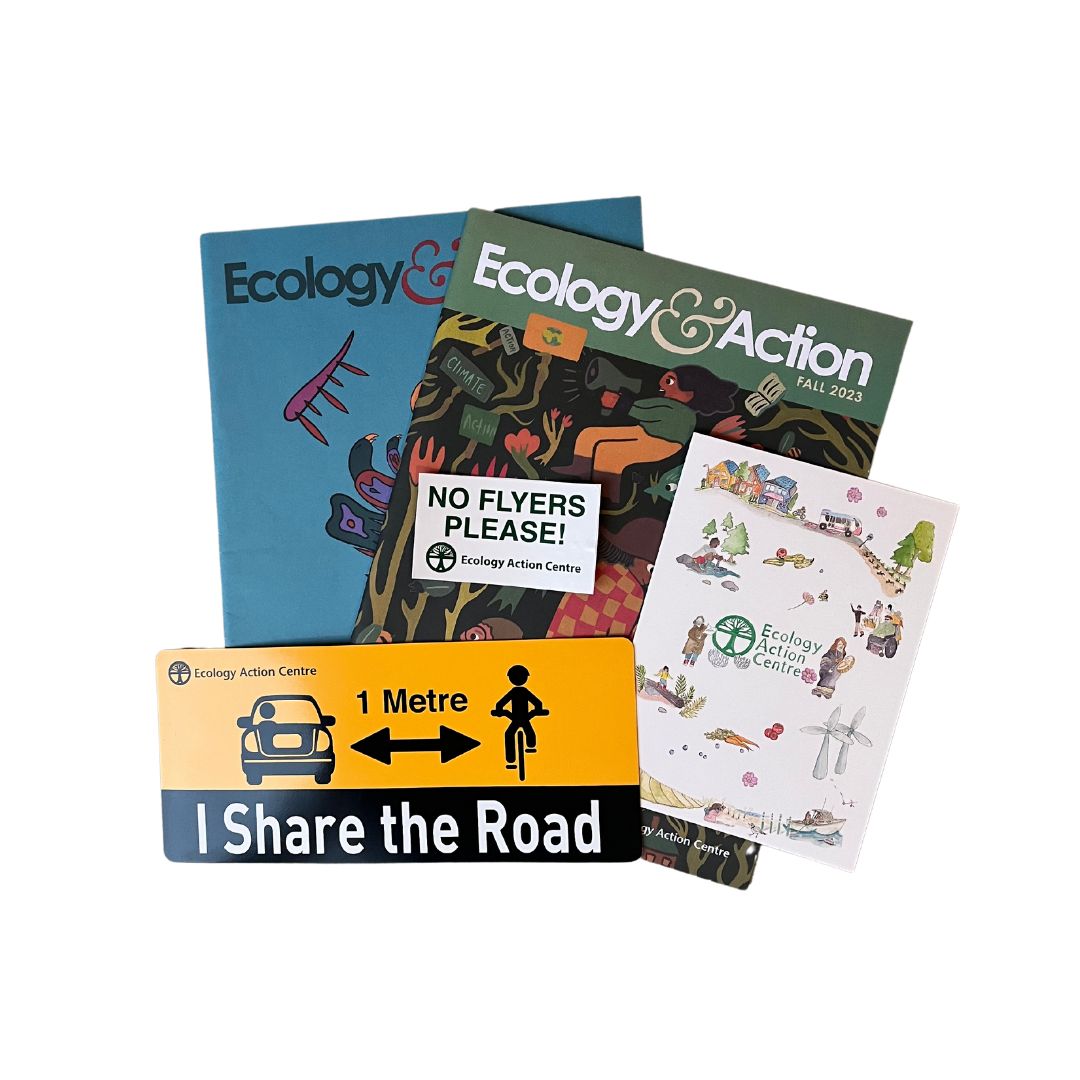 Gift membership contents: two Ecology & Action magazines, a No Flyers Please sticker, an I Share the Road car magnet and an EAC card