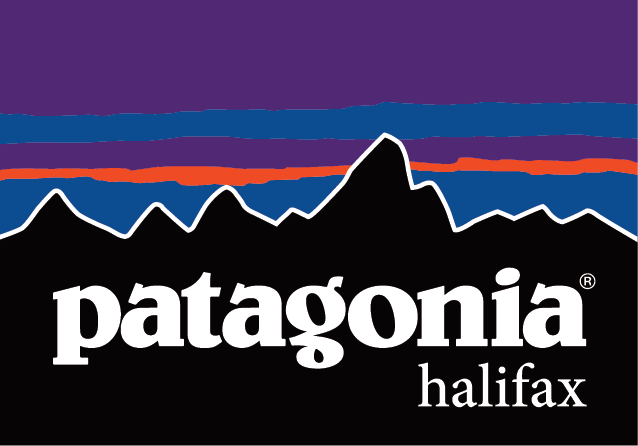 Patagonia Halifax's logo. It has a black mountain with blue, red, and purple in the background to look like a sky. Imposed on the front of the mountain, it says "Patagoinia Halifax".