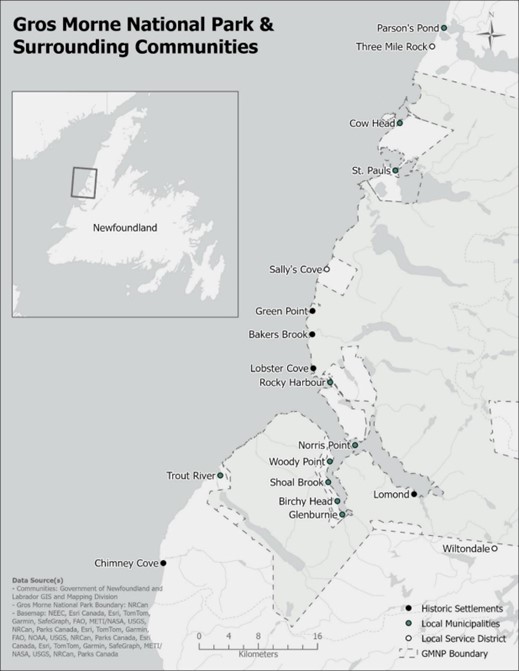 Black & white map depicting Gros Morne National Park and the surrounding area of Newfoundland
