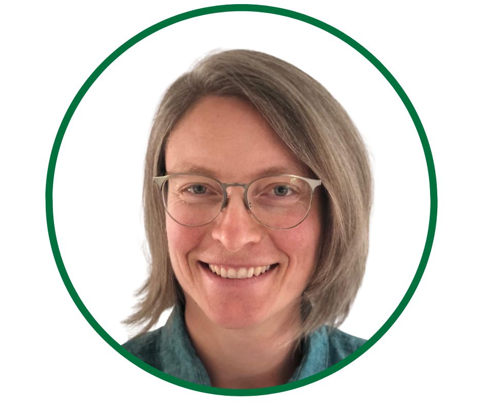 White circle with green outline containing headshot of Colleen smiling