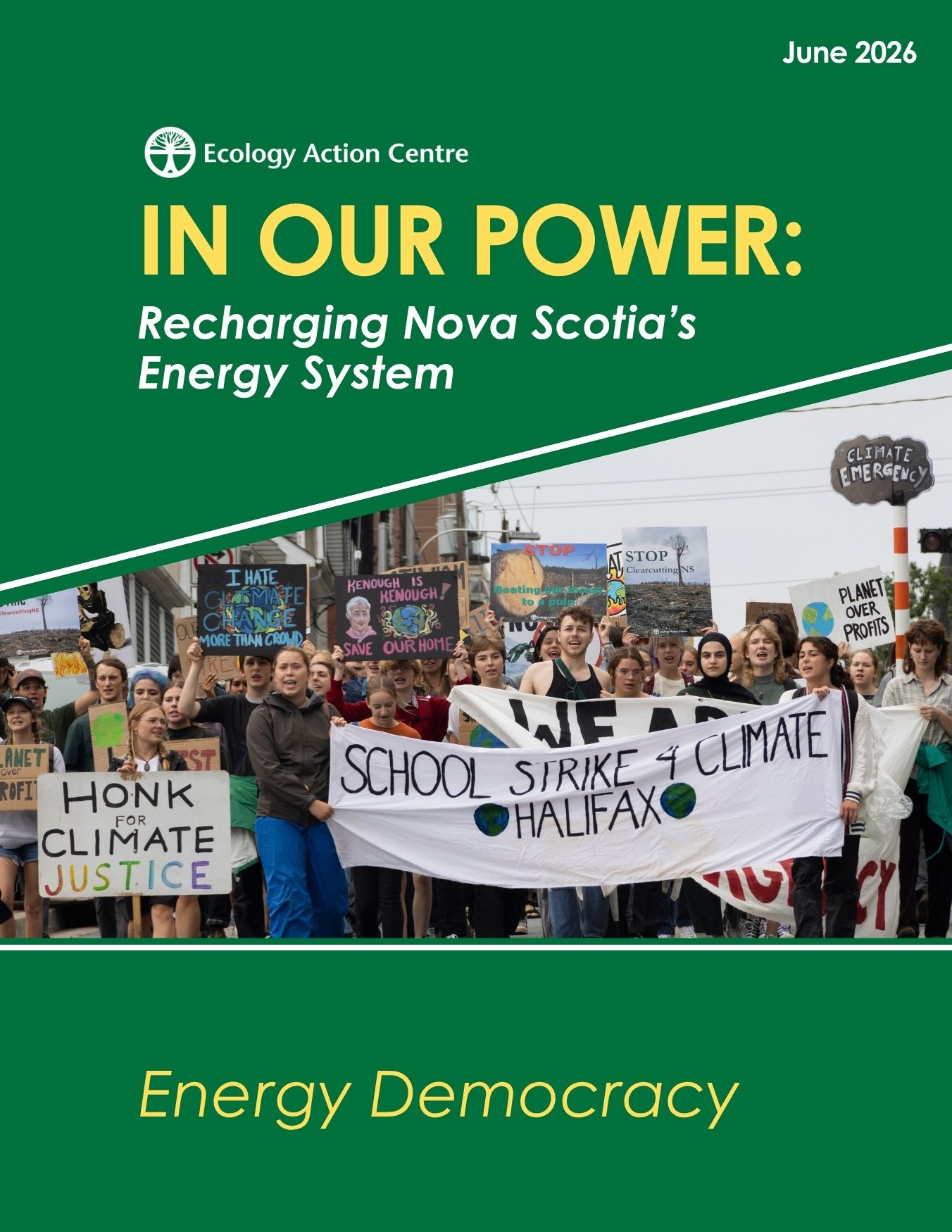 the cover of a report titled In Our Power: Recharging Nova Scotia's Energy System - Energy Democracy