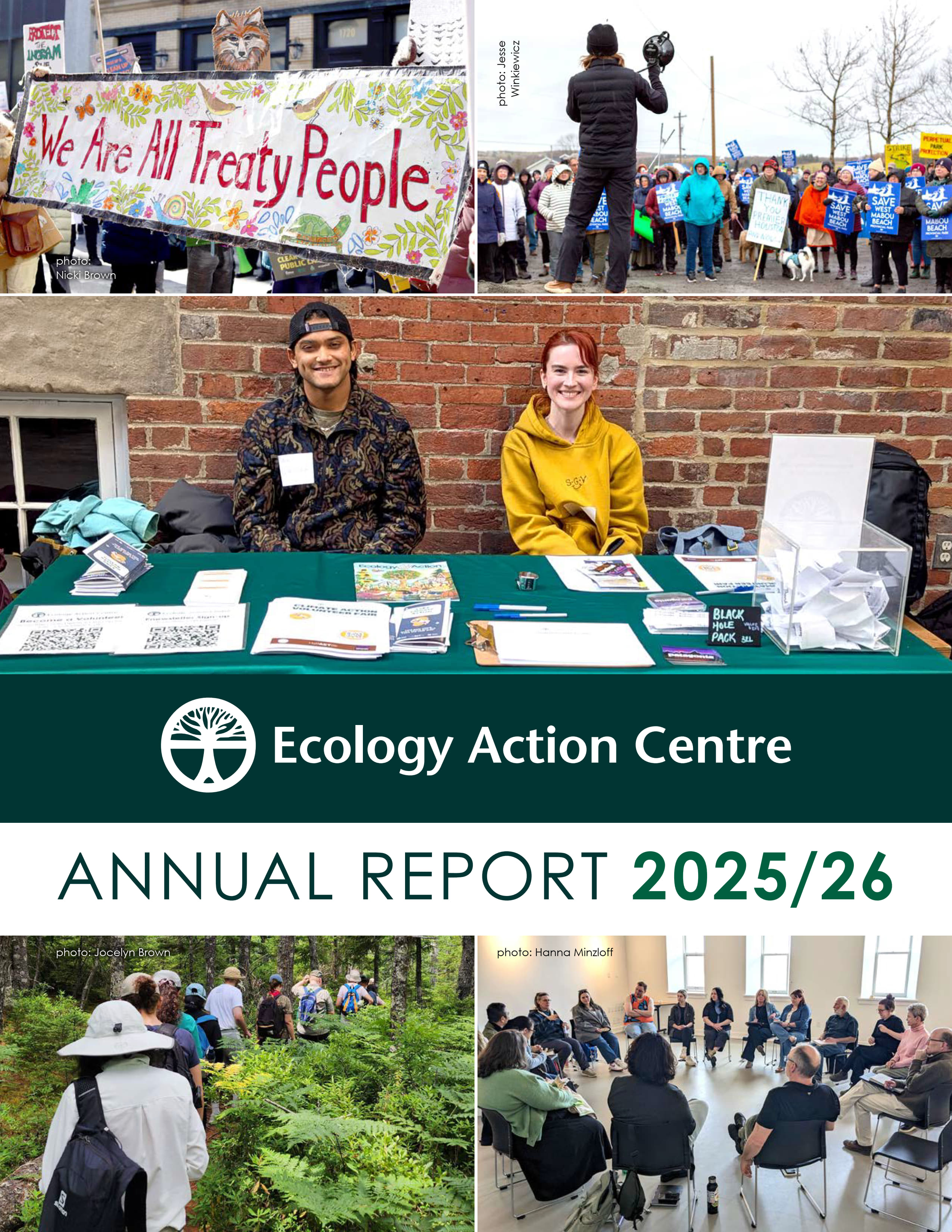 Cover of the EAC's Annual Report for 2025-26. Photos of volunteers at an information table, people at protests, going on a hike, and sitting at a meeting.