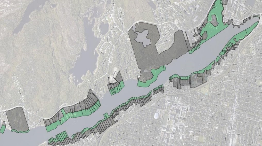 Ariel view of Halifax's Northwest Arm with waterlot coverage in green.