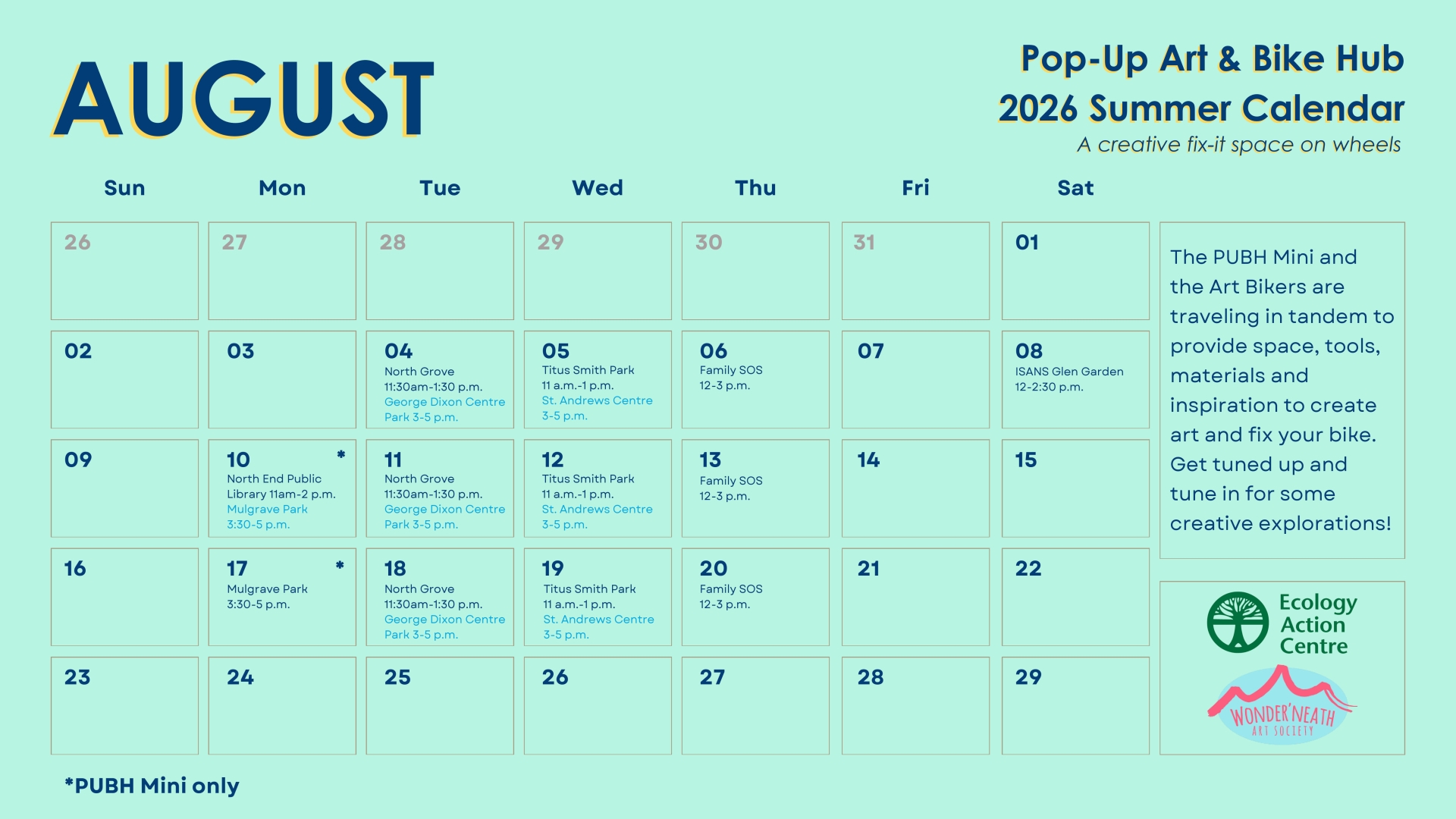 August 2026 calendar for the Pop-Up Bike Hub Mini