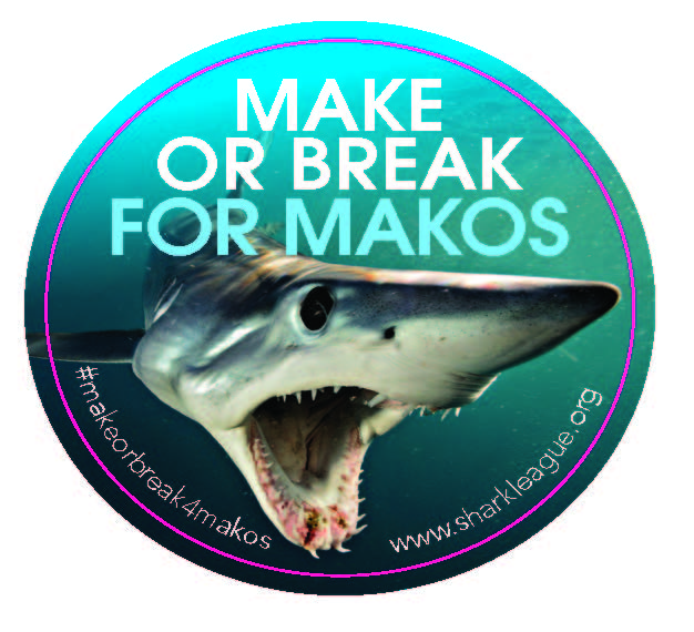  A mako shark with open mouth is accompanied by words “Make Or Break for Makos” and www.sharkleague.org