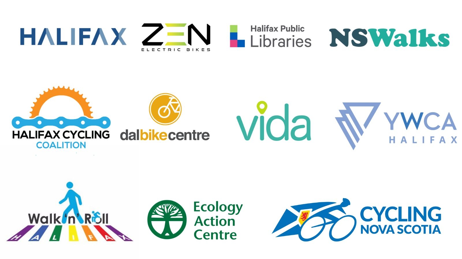 logos for Halifax, Zen Electric Bikes, Halifax Public Libraries, NS Walks, Halifax Cycling Coalition, Dal Bike Centre, Vida, YMCA Halifax, Walk 'n' Roll Halifax, the EAC and Cycling Nova Scotia