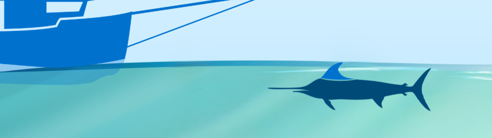 an animated photo of swordfish swimming near a boat with a harpoon fisher perched on the prow