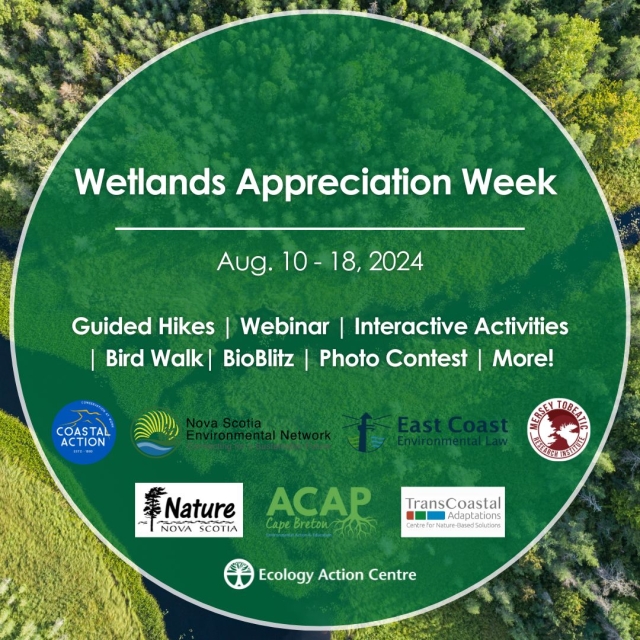 an arial image of a wetland with a green circle containing white text that reads "Wetlands Appreciation Week, Aug. 10-18, 2024" "guided hikes | Webinar | Interactive Activities | Bird Walk | BioBlitz | Photo Contest | More!" with several NGO logos