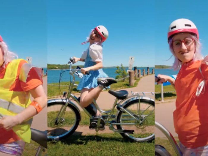 A person wearing a safety vest and helmet on the right while sitting on a bike with a middle screen image a person on a bike with a helmet and on the right a person one a bike with a helmet and orange shirt.