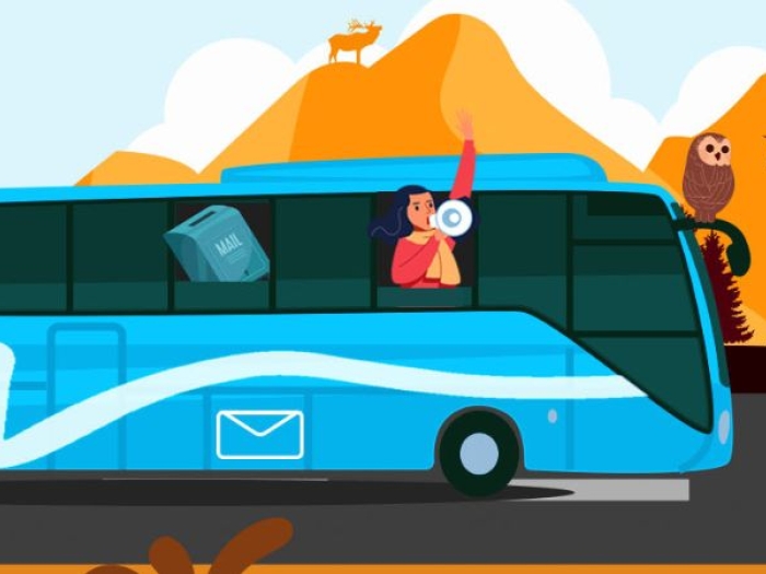 animated graphic of a bus driving through nature. A person on the bus chants out of a megaphone and onlookers raise their hands in solidarity