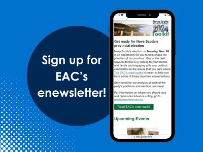 a phone showing a newsletter, with text beside saying "Sign up for EAC's enewsletter!"