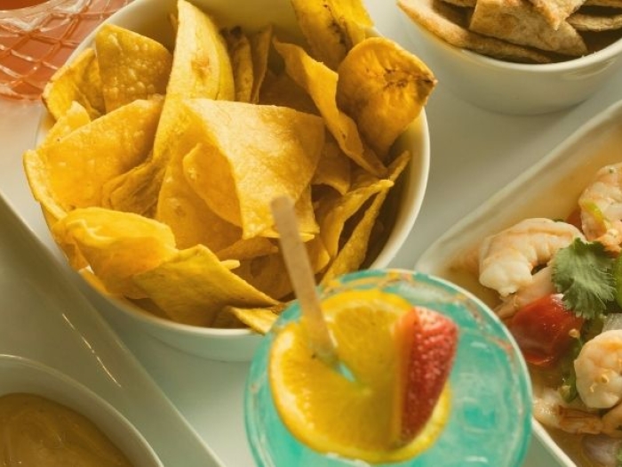 A variety of restaurant foods on a table