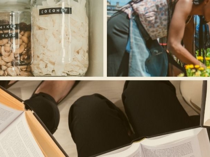 Grid showing a free food pantry, community garden and reading club