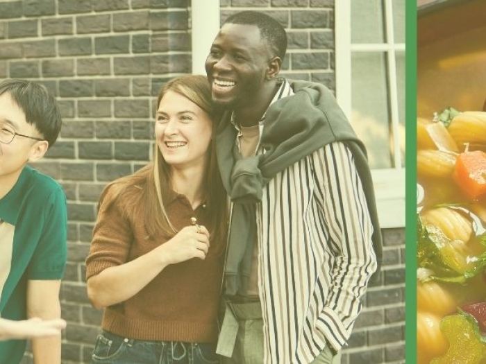 Neighbours having a friendly discussion next to a bowl of vegetable soup